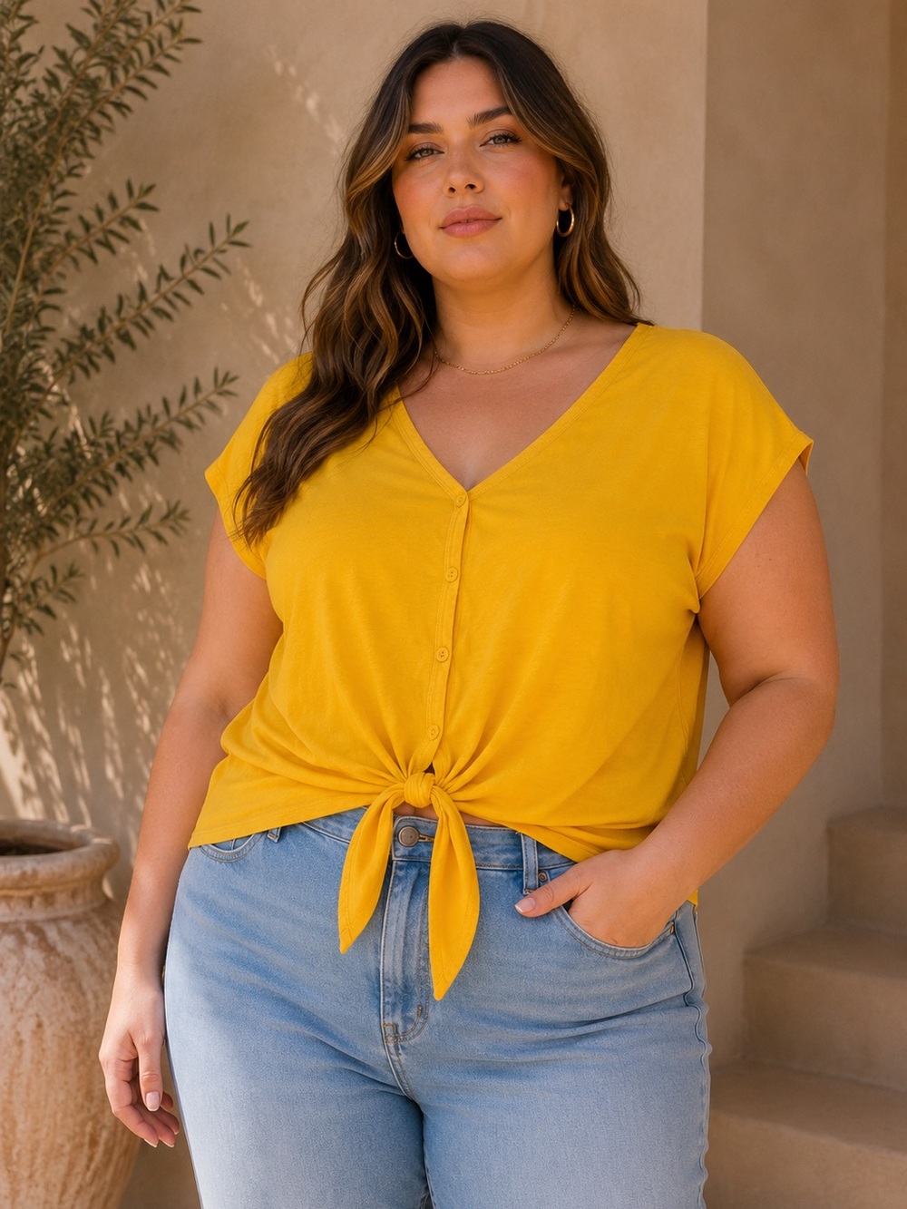Ambiance Golden Yellow Short Sleeve V-Neck Tie Front Button Up Top Size 1X